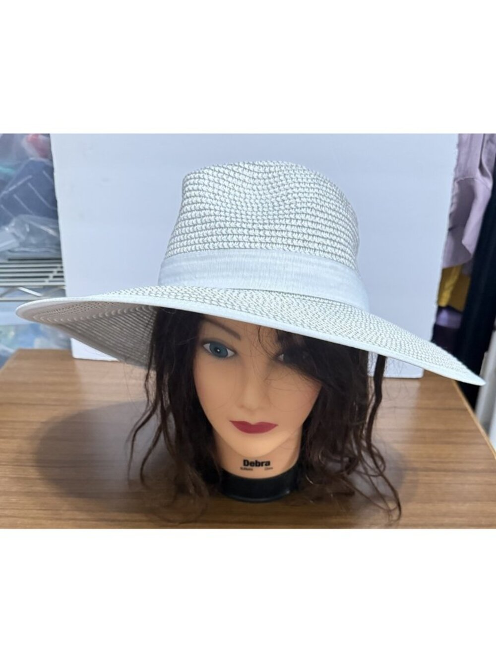 Anne Klein White Metallic Wide-Brim Sun Hat with Pony Tail Opening